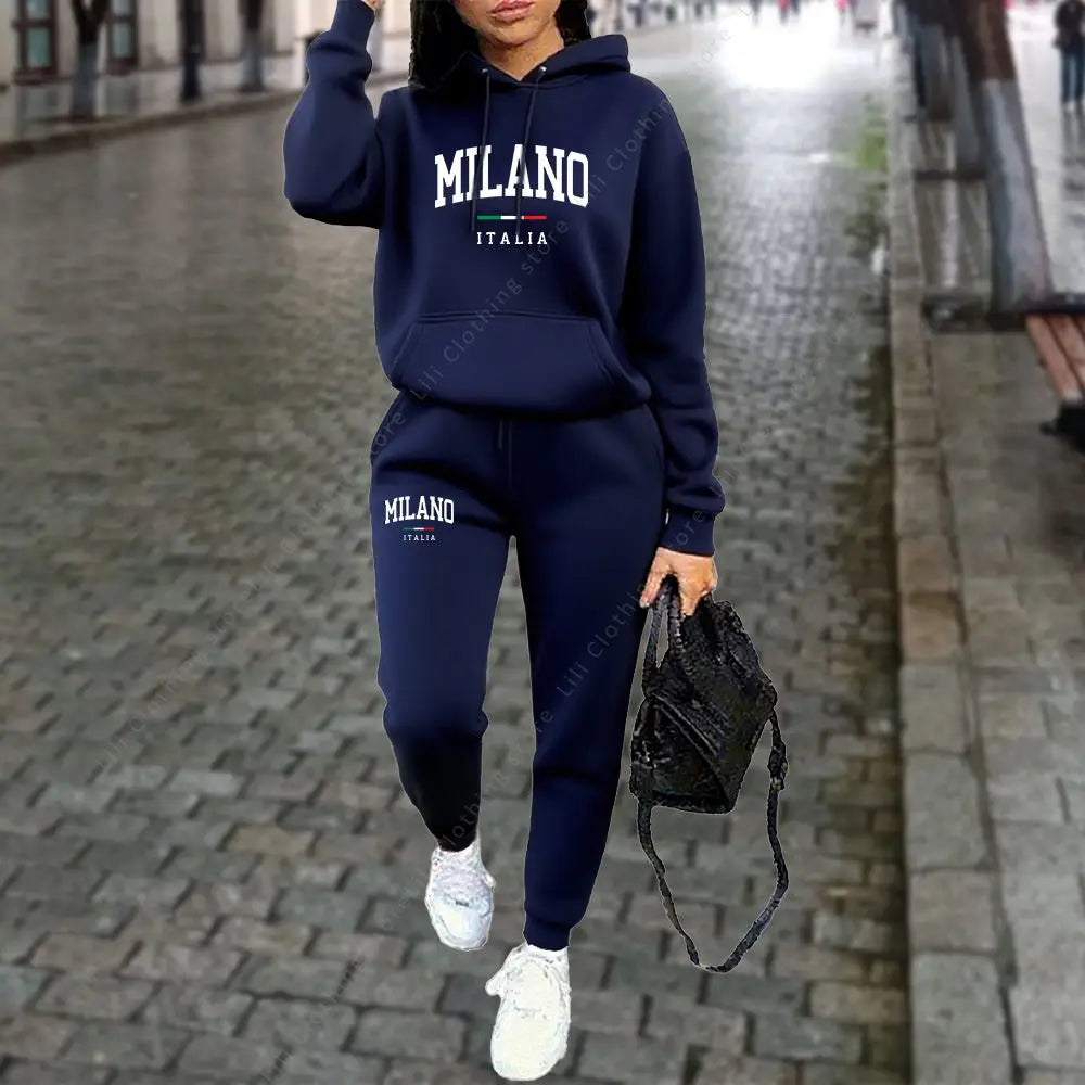 2pcs MILANO Letter Print Women’s Hoodie & Pants Tracksuit Set Sweatsuits in a Variety of Colors