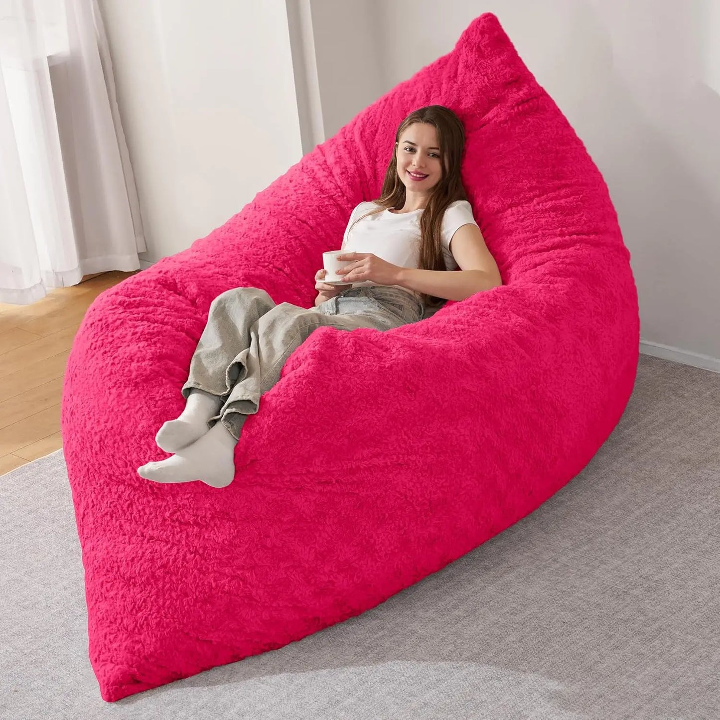 4 in 1 Bean Bag Chair, Giant Memory Foam Filling Bean Bag Sofa, Adult Bean Bag Chair, Machine Washable Faux Fur Cover (Rose Red)