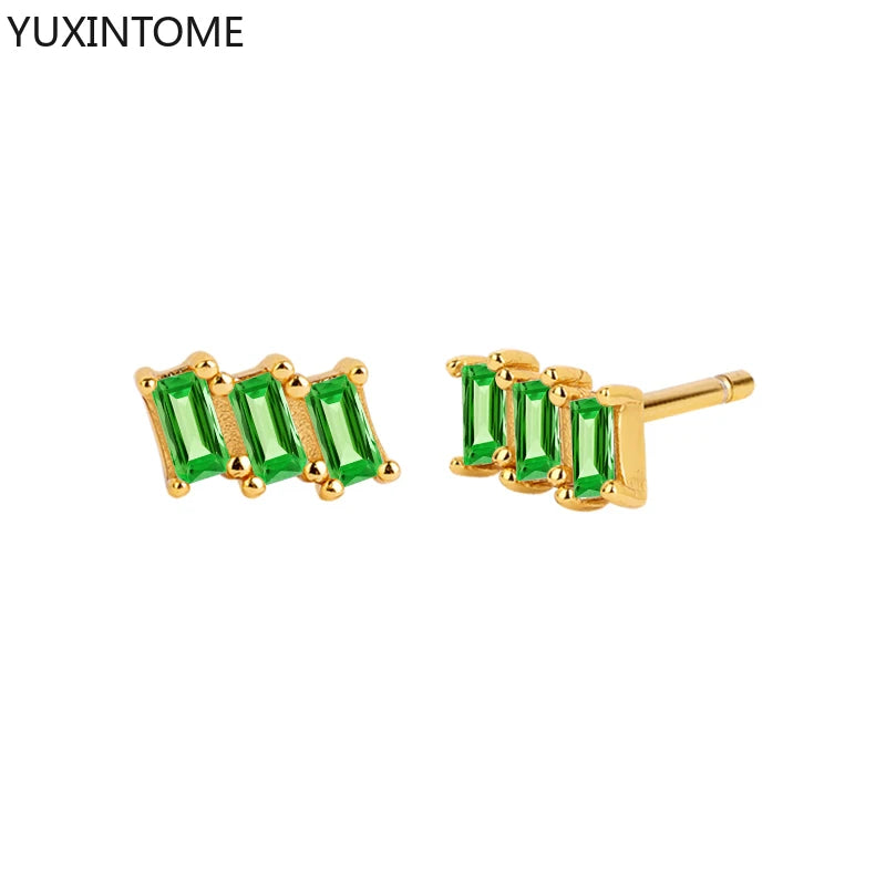 925 Sterling Silver Ear Needle Green Zircon Stud Earrings for Women Luxury Long Chain Geometric Gold Earrings Fashion Jewelry