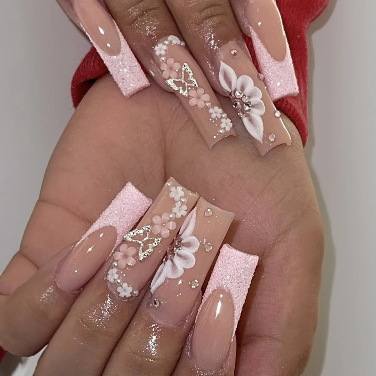 24Pcs Extra Long Square Fake Nail with Glue 3D Little Bear Bow Design False Nails White French Press on Nails Wearable Manicure