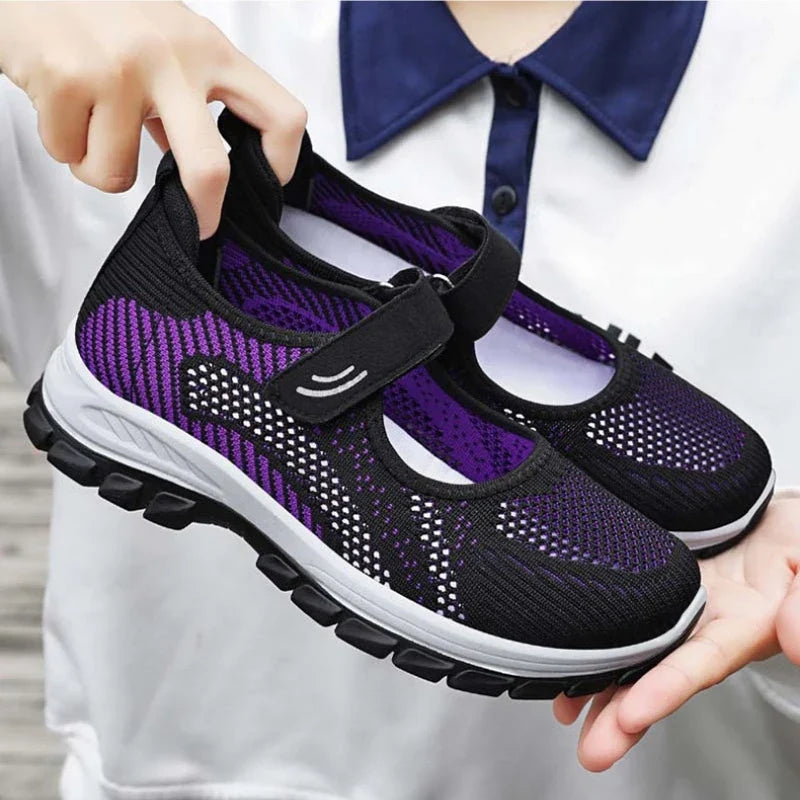 Summer Ladies Breathable Mesh Sport Shoes Lightweight Velcro Slip On Thick Sole Non Slip Elderly Women Walking Casual Sneakers
