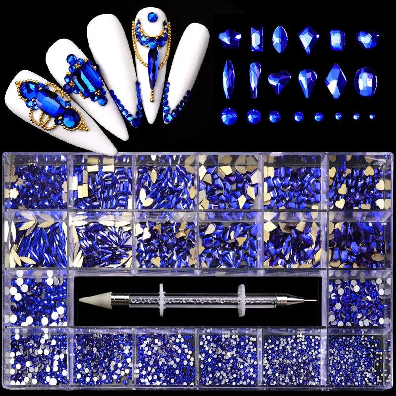 2500pcs Glass Crystal Diamond Flat Bottom Rhinestones Nail Art Decorations 21 Grid Box Nails Accessories Set With 1 Pick Up Pen