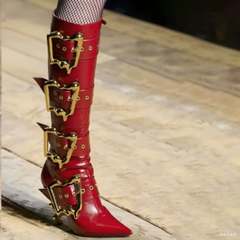 Gold Beltbuckle Decorative Sidezipper Kneehigh Boots Women's Metal High-heeled Versatile Banquet Boots