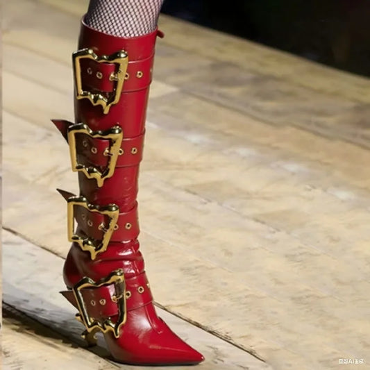 Gold Beltbuckle Decorative Sidezipper Kneehigh Boots Women's Metal High-heeled Versatile Banquet Boots
