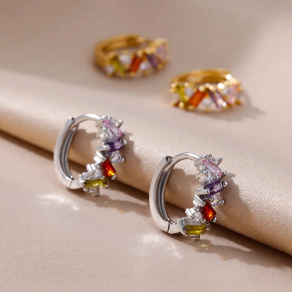 Rainbow Cubic Zirconia Hoop Earrings For Women 2023 Trending Round Gold Plated Stainless Steel Earrings Luxury Jewelry Gifts