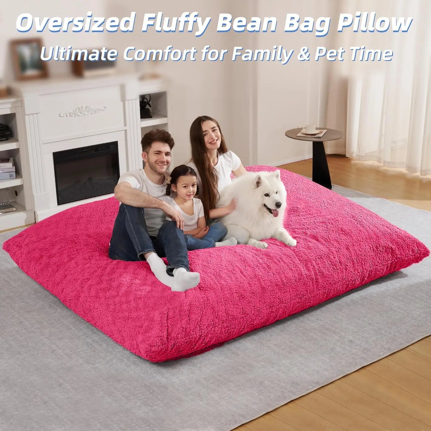 4 in 1 Bean Bag Chair, Giant Memory Foam Filling Bean Bag Sofa, Adult Bean Bag Chair, Machine Washable Faux Fur Cover (Rose Red)
