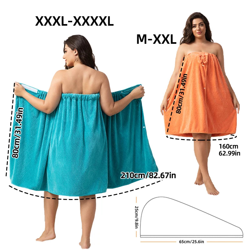 Set of 2, 80*210cm/80*160cm, 350GSM, Extra-Large Bath Skirt + Princess Shower Cap, Adjustable Wearable Towel Skirt with Suitable