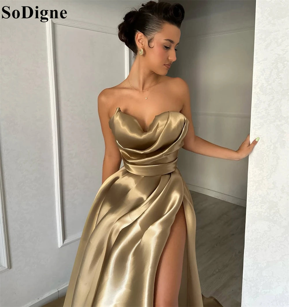 SoDigne Sexy Champagne Evening Dresses A-Line Draped High Split Strapless Pleated Party Dress 2025 Elegant Prom Gowns Customized