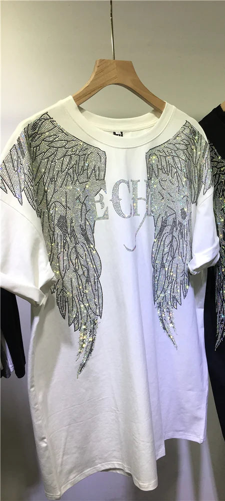 L-4XL Oversize Rhinestone Angel Wings Harley T-Shirt Clothing for Women Men Hip Hop Streetwear Loose Short Sleeve Brand T-shirt
