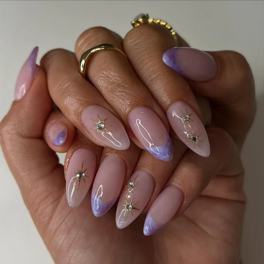 24pcs Purple French Almond Press on Nails Star Pattern False Nails Wearable Stick-on Nail Fake Nails Uñas Накладные Ногти 네일팁