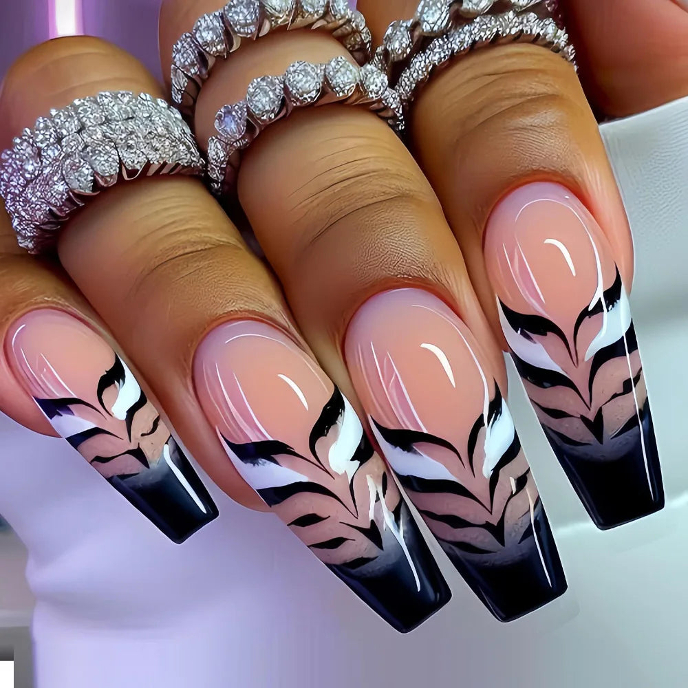 Medium long fake nails for women girls Y2K colorful gradient leopard print Pink green coffee coffin tips press on false nail set