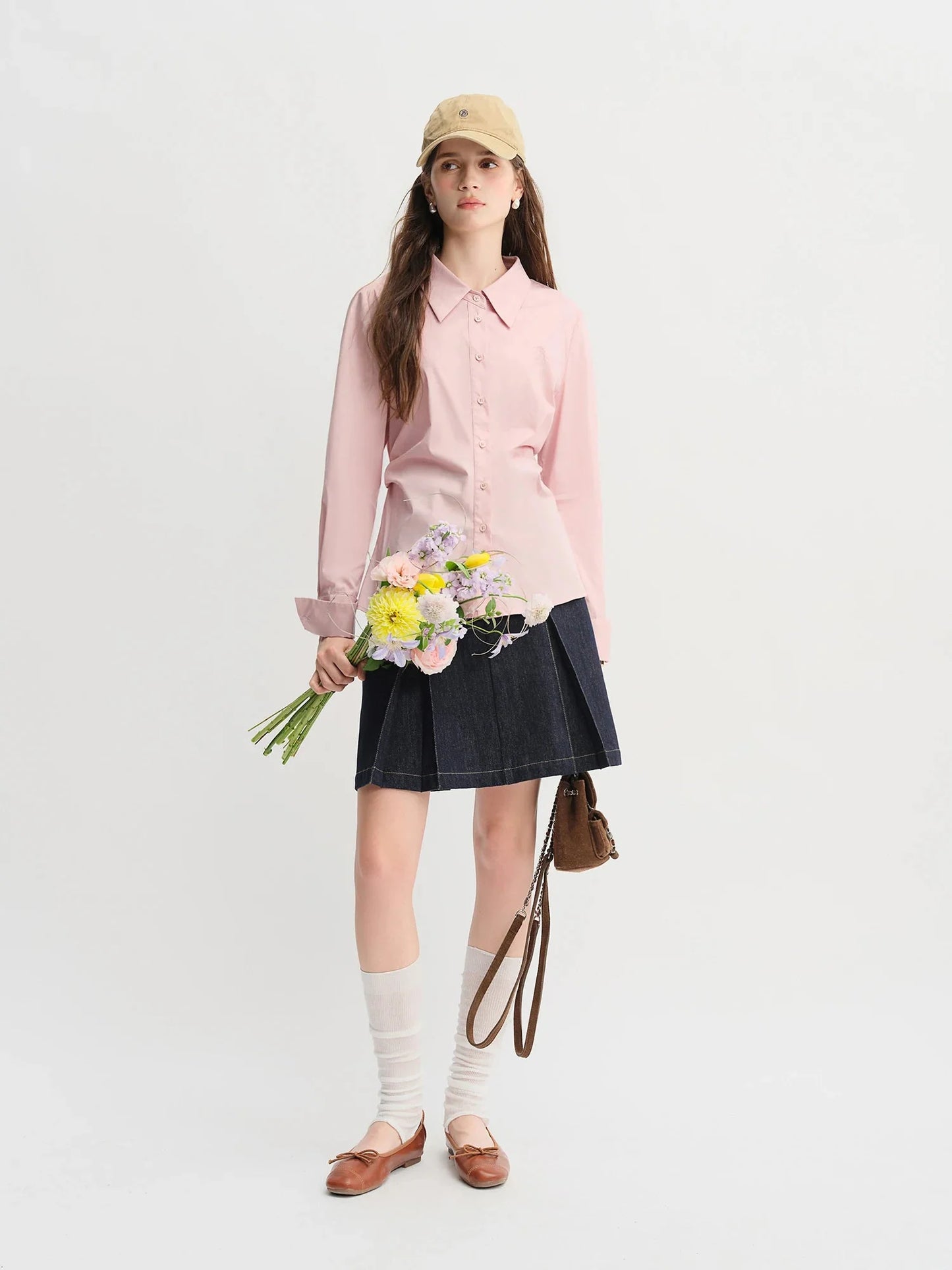 Women's 3-Color Pleated Shirt & A-Line Skirt Set Autumn Suit