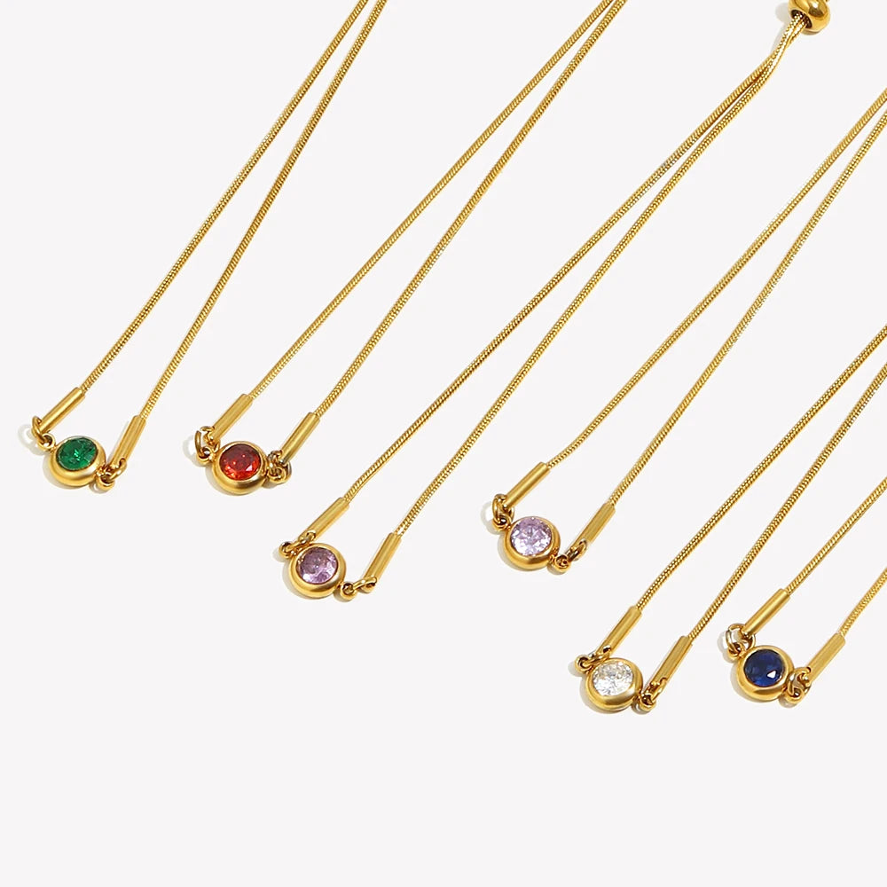 E.B.belle Colorful Round Zircon Birthstone Snake Chain Adjustable Bracelet Chain Gold Plated Stainless Steel Women Chic Jewelry