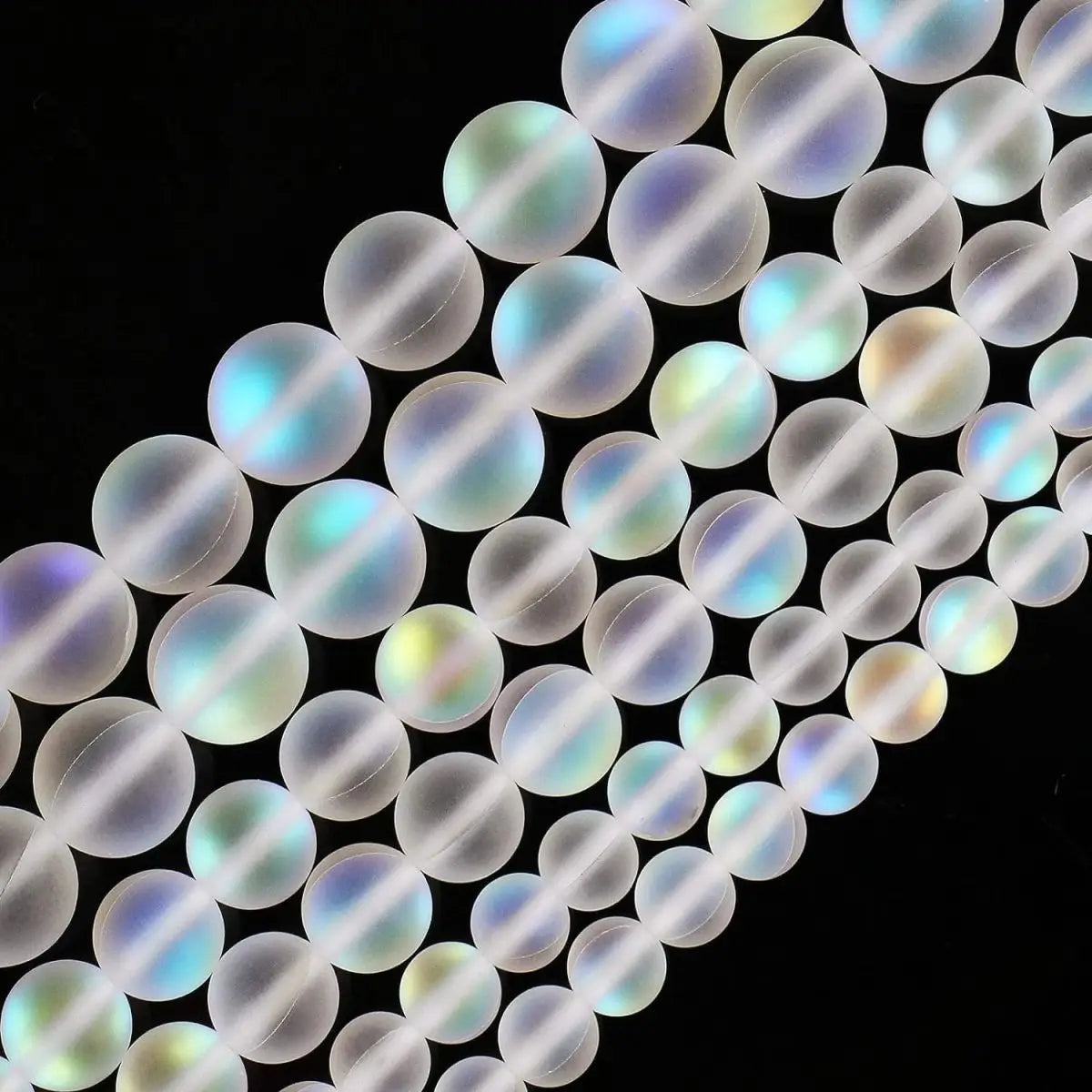 Matte White Aurora Crystal Glass Beads, 6/8/10MM Frosted Glitter Shining Mermaid Round Loose Beads, Rainbow Holographic