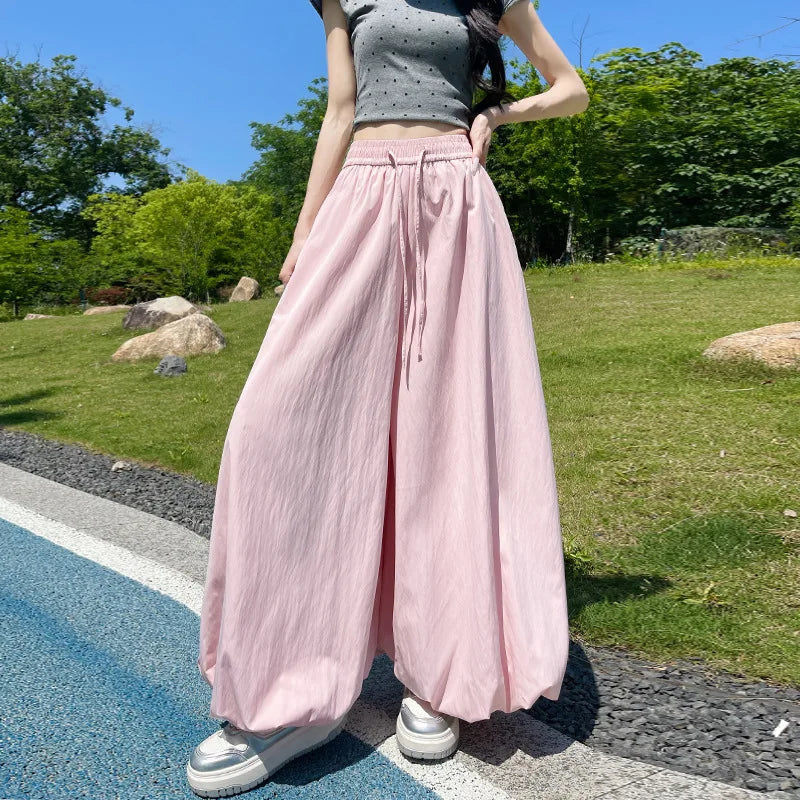 Women's Oversized High Waist Wide Leg Pants Spring Summer Solid Color Casual Cropped Pants Woman Loose Puffy Lantern Trousers