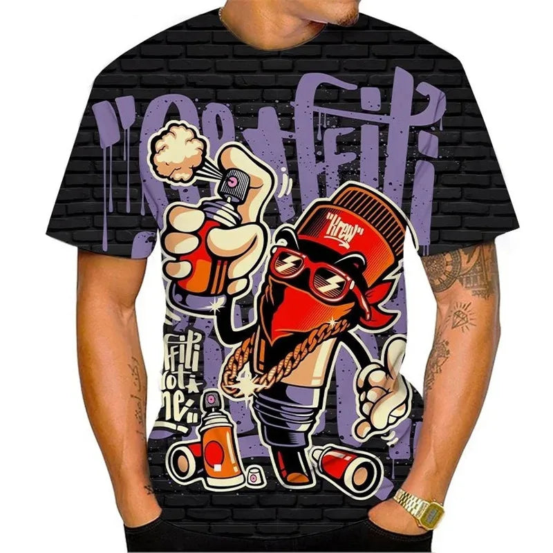New Fun Graffiti Street T-shirt 3D Printed Men's Hip Hop Summer Cool Tee shirt Casual Youth Popular Personality Short Sleeve Top