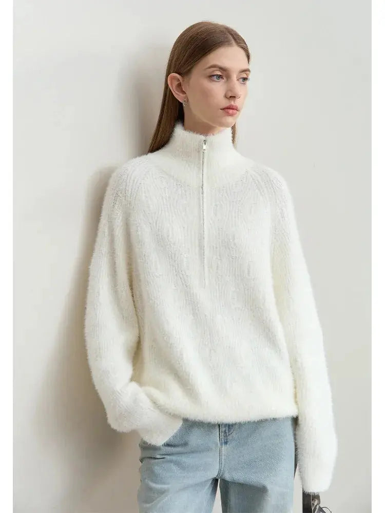 Women's Loose Fit Turtleneck Sweater with Quarter-Zip