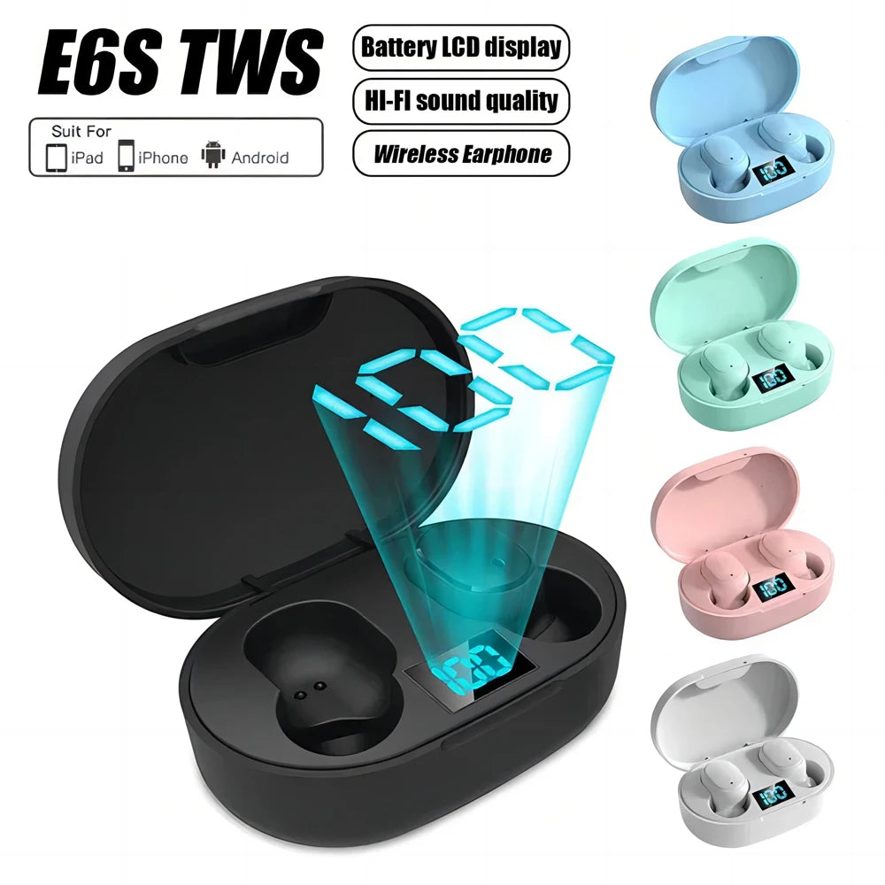 TWS E6S Wireless Bluetooth Earphones By Mic LED Display Stereo Noise Cancelling Headset With Charging Cable For All Smartphone