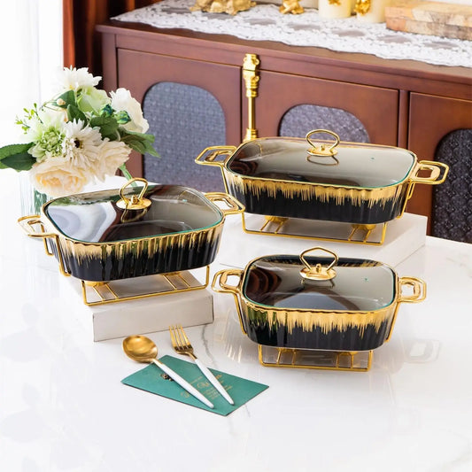 3 Piece Set Ceramic Chafing Dishes Buffet Set, Luxury Black Ceramics Chafer with Gold Trim, Chafer and Buffet Warmer Set
