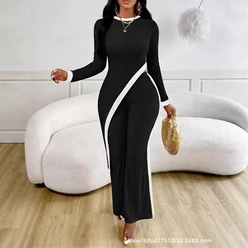 Striped Splicing Irregular Suit Round Neck Fashion Office Commuting Elegant Wide-leg Trousers Conjunto Dos Piezas Mujer Invierno