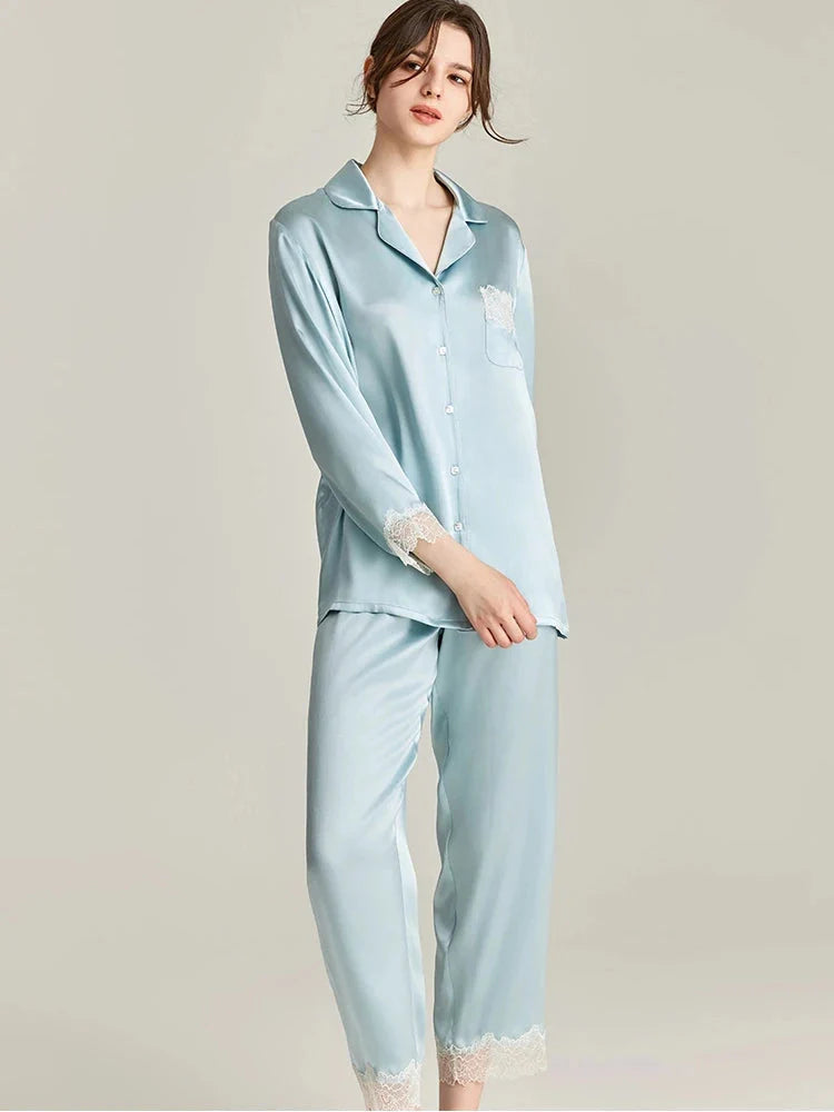 100% Real Silk Pajamas Set with Lace Trim Women's Sleepwear
