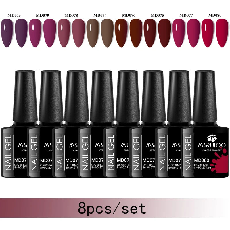 MSRUIOO 8pc Gel Nail Polish Kits Summer Colorful Semi Permanent UV LED Gel Polish Set Glitter Nail Art Varnish Design Manicure
