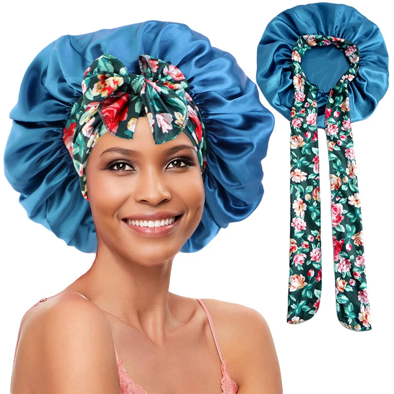 New Silky Bonnet for Sleeping Women Satin Bonnet Night Sleep Cap Large stretch printed ribbon colored nightcap hair care cap