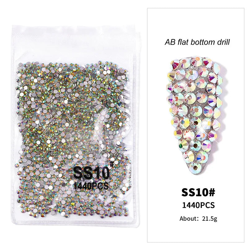 1440pcs Nail FlatBack Crystal Rhinestone Clear/AB Glass Strass (SS3-SS20)3D Nail Gem Stones Non-HotFix Nail Rhinestone 1.3-4.8mm