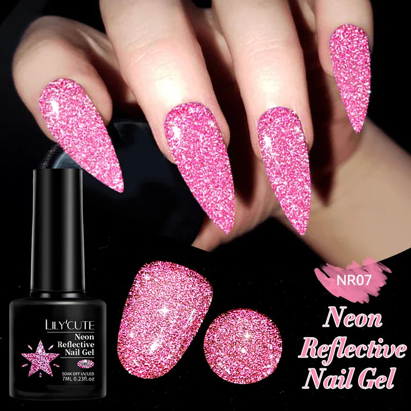 LILYCUTE 7ml Neon Reflective Nail Gel Polish Dark Flash Glitter Effect Fluorescent Gel Soak Off UV Gel Summer Nail Art Varnish