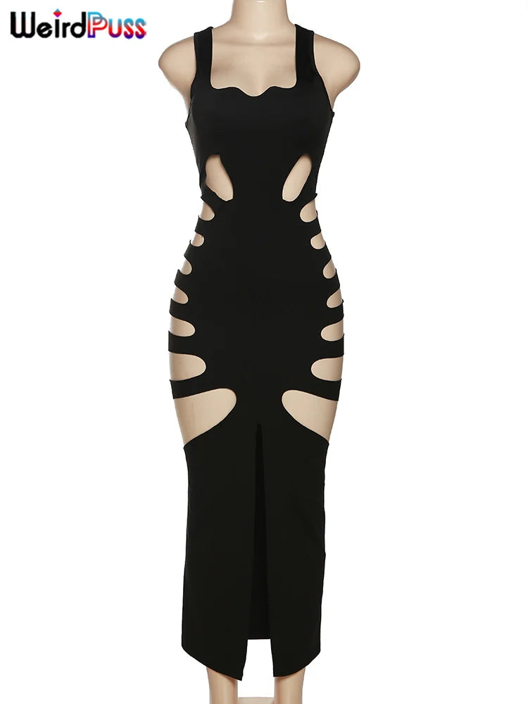 Hollow Dress New Sleeveless Split Solid Skinny Stretch Maxi Bodycon Clubwear Coquette Slim Vestidos