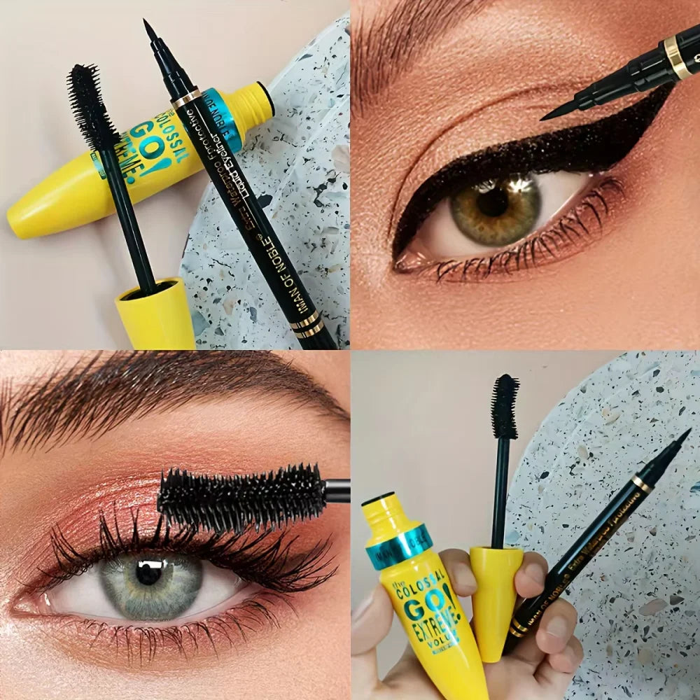 Mascara with Eyeliner Combo Black Slim Drawing Line Smooth Definition Long Lasting Waterproof Eye Makeup 2 Pcs Set