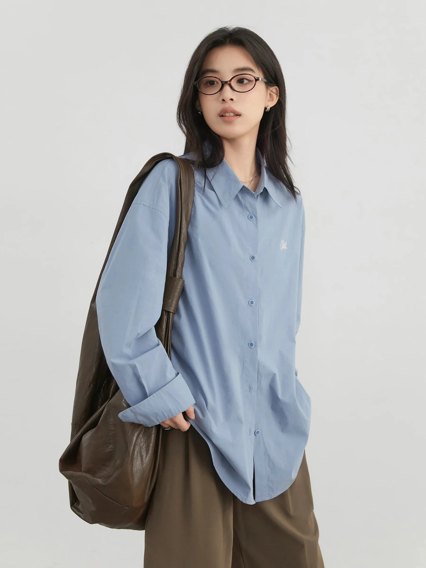 Loose Cotton Blue Shirt Casual Long-Sleeved Blouse