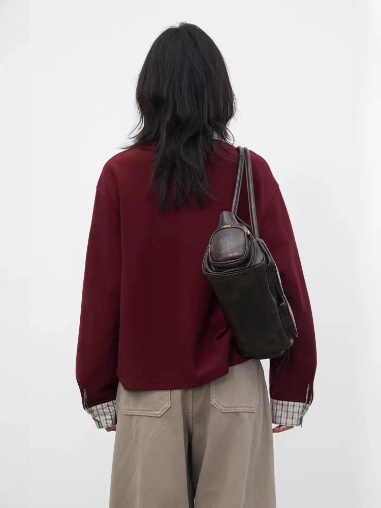 Color Block Plaid T-Shirt  Loose Casual Long Sleeve