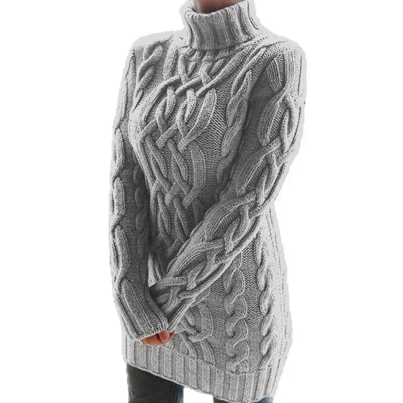 Women Fashion Long Sweater Dress High Collar Knitted Sweater Solid Color Thicken Pullovers Mini Vestidos 2024 Winter Autumn