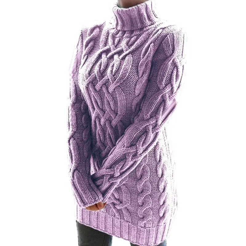 Women Fashion Long Sweater Dress High Collar Knitted Sweater Solid Color Thicken Pullovers Mini Vestidos 2024 Winter Autumn