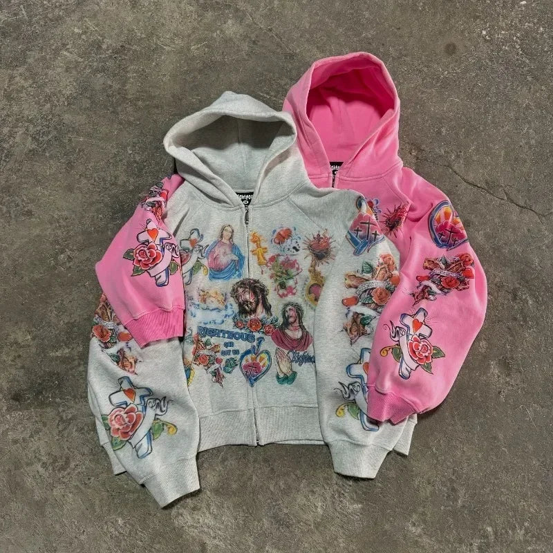 Street clothing retro pattern printed loose fitting men hoodie Gothic rock Harajuku men and women sportswear zippered hoodie