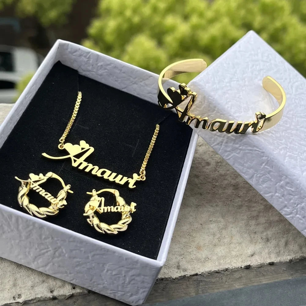 Personalized Name Kids Set Necklace Custom Letter Bracelet Stainless Steel Mini Earrings Gift for Kids