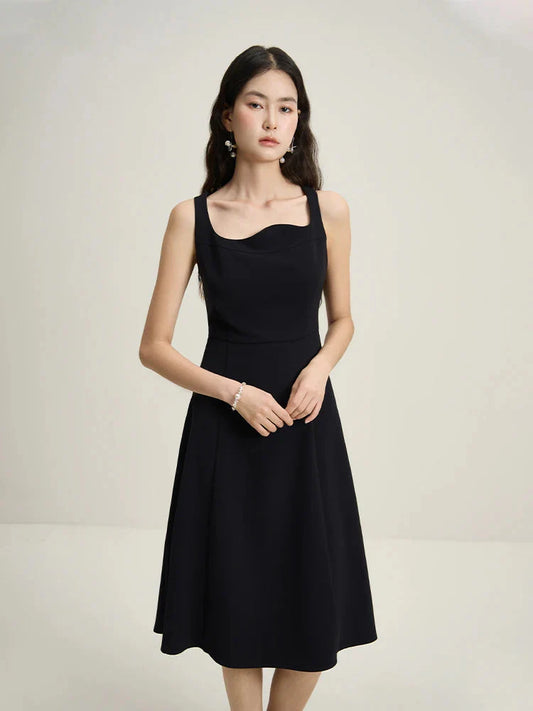 French Style Corrugated Collar Black Dress