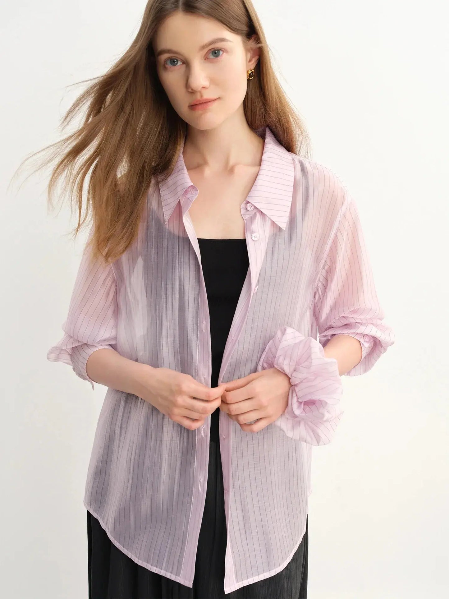 Plus Size Striped Sheer Long-Sleeve Blouse