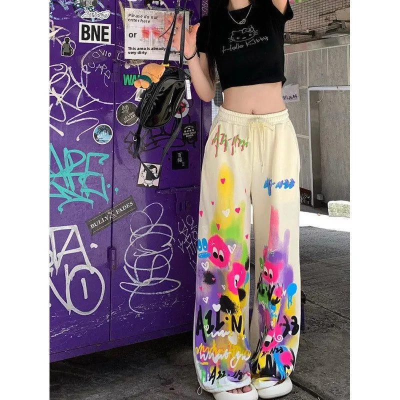 Pink Wide Leg Pants High Waist Loose Graffiti Casual Long Trousers Sweatpants Women's Walking Pants Comfortable Street Style