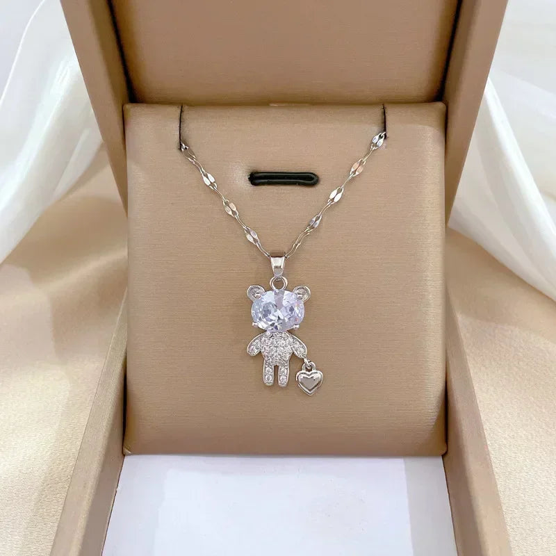Gold Color Stainless Steel Chain Cute Shiny Zircon Bear Pendant Necklaces for Women Girls Lovely Luxury Jewelry Accessories Gift