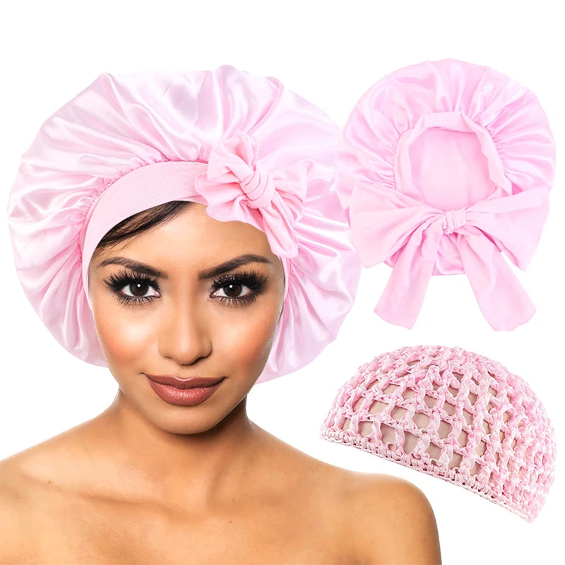 Satin Bonnet Silky Night Sleeping Cap with Stretchy Tie Band - 2pcs