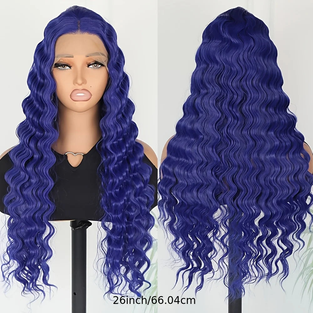 Long Blue Color 13x4 Lace Frontal Wigs Deep Wavy Hair Pre Plucked Natural Hairline Curly Wave Glueless Heat Resistant Synthetic