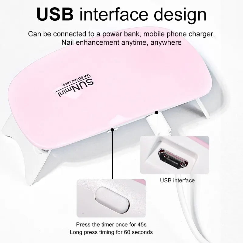 New 6W Mini Nail Dryer Machine Portable 6 LED UV Manicure Lamp Home Use Nail Lamp For Drying Polish Varnish With USB Cable