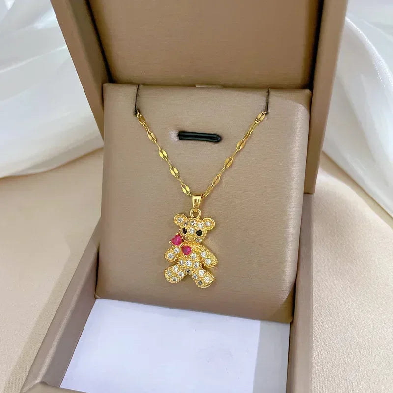 Gold Color Stainless Steel Chain Cute Shiny Zircon Bear Pendant Necklaces for Women Girls Lovely Luxury Jewelry Accessories Gift