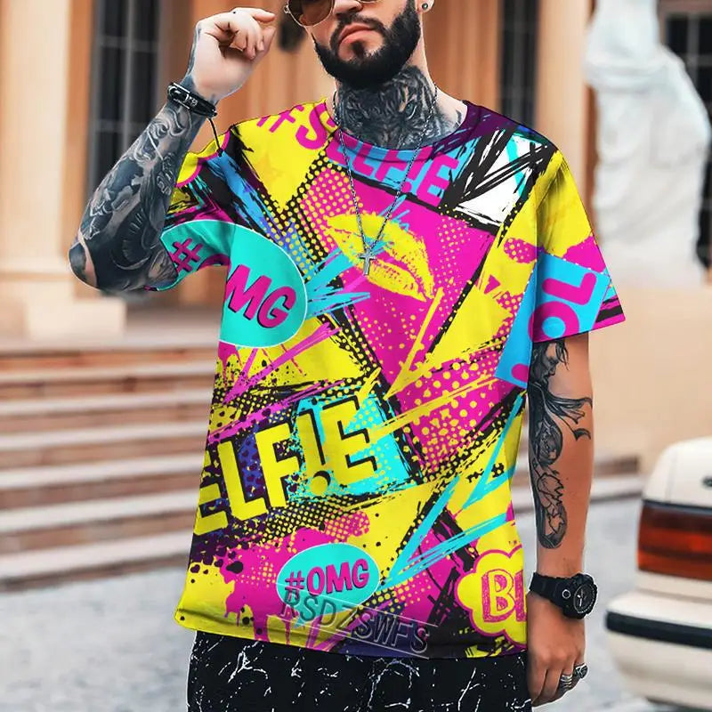 New Fun Graffiti Street T-shirt 3D Printed Men's Hip Hop Summer Cool Tee shirt Casual Youth Popular Personality Short Sleeve Top