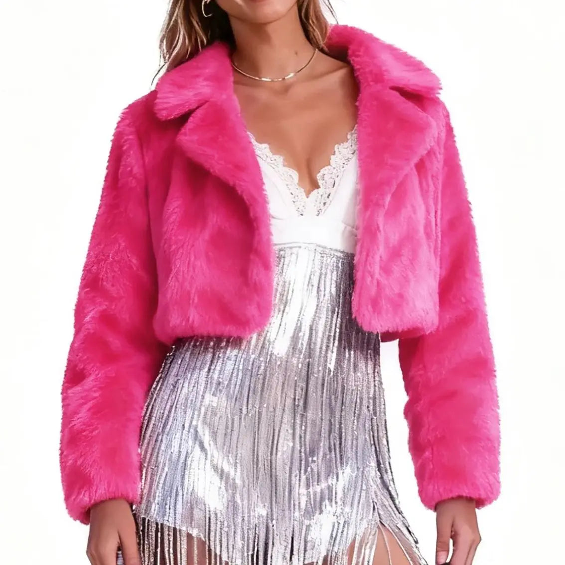 Women’s Hot Pink Faux Fur Crop Jacket,Romantic Soft Cropped Coat for Dates,Weddings & Holiday Parties
