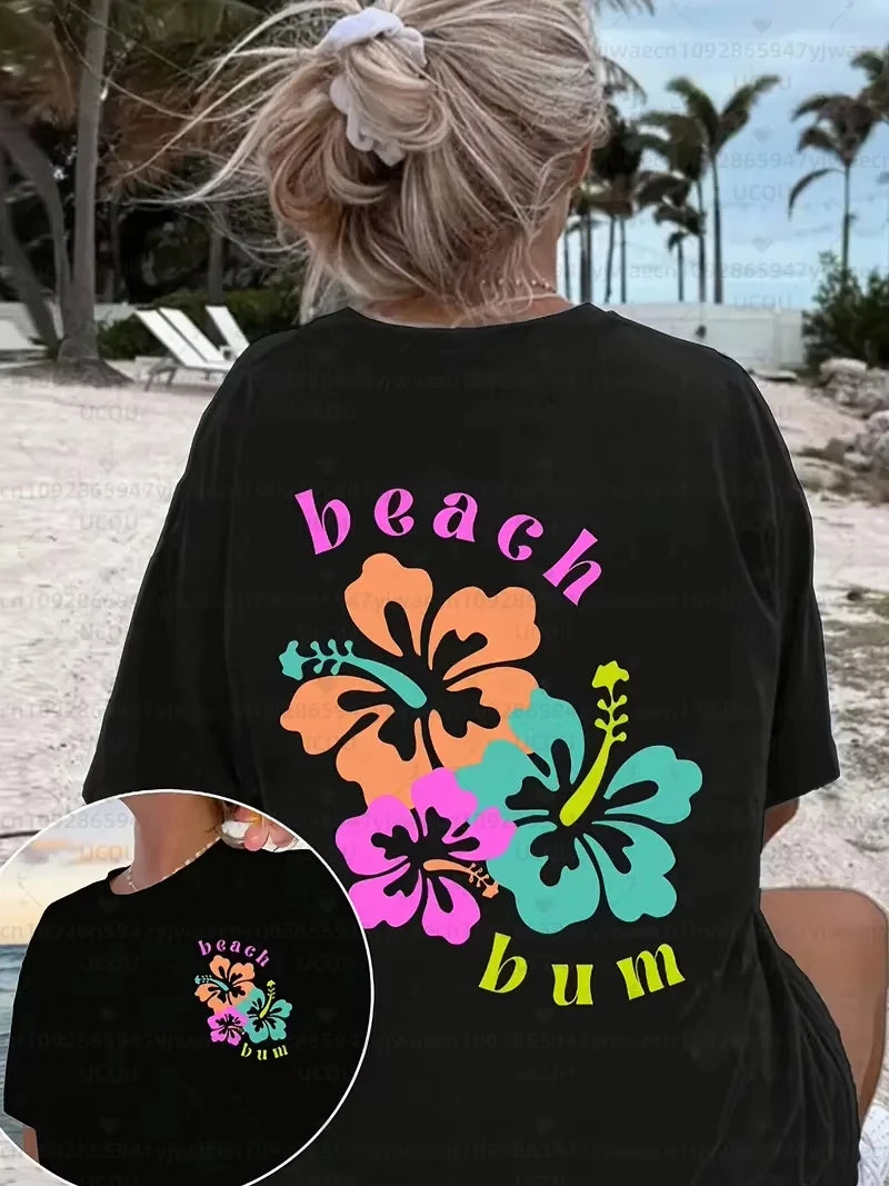 Women's "Let'S Go Hawaii" Graphic T-Shirt Hibiscus Print Casual Short Sleeve Crew Neck Top Beach Outings and Tropical Vibes