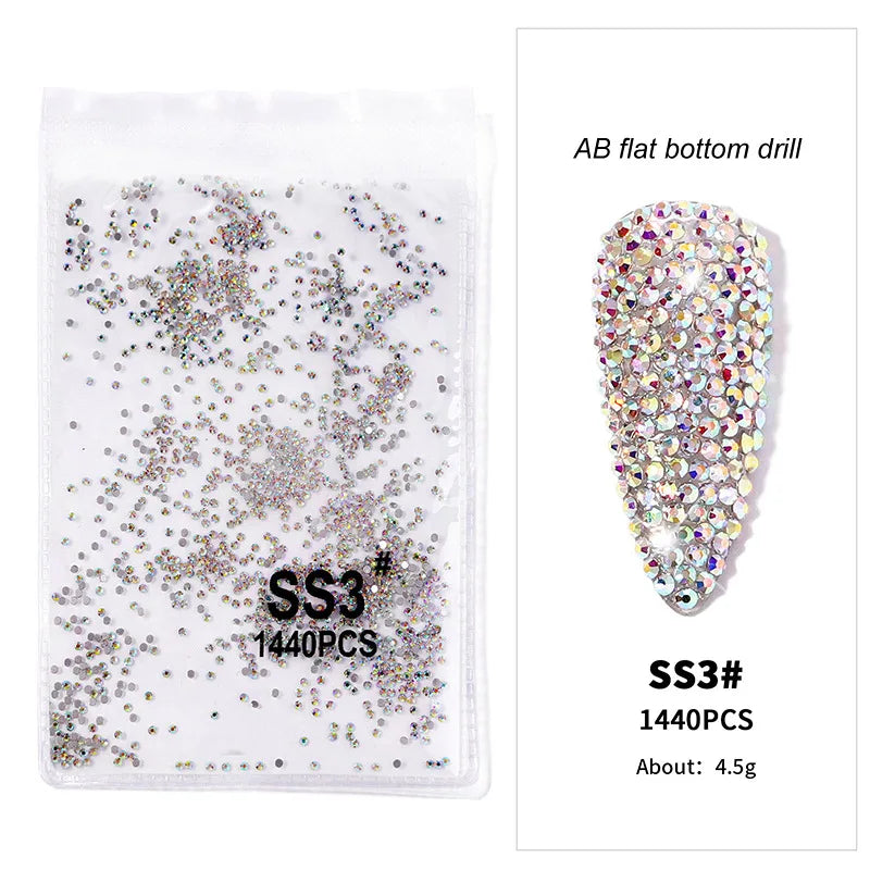 1440pcs Nail FlatBack Crystal Rhinestone Clear/AB Glass Strass (SS3-SS20)3D Nail Gem Stones Non-HotFix Nail Rhinestone 1.3-4.8mm