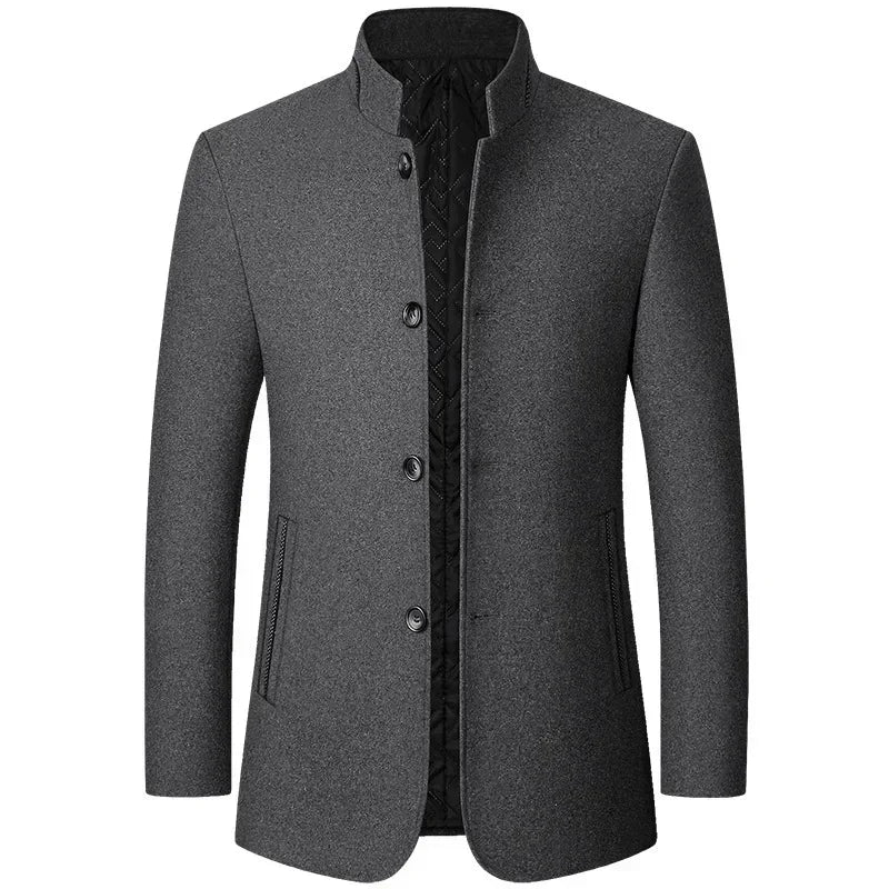 Mens Winter Wool Coat Stand Collar Business Jacket (Gray)-0